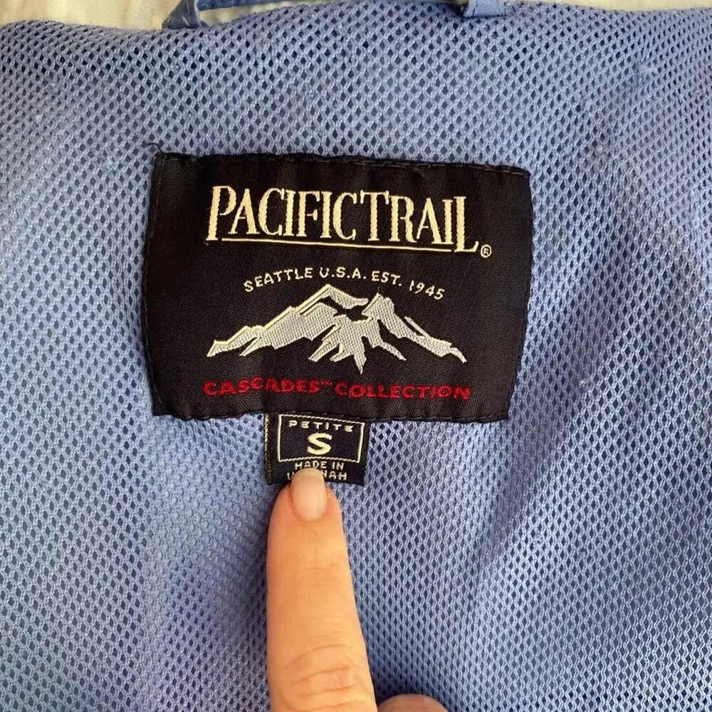 Vintage Pacific Trail Jacket Windbreaker Snap Hood Blue Womens Petite Small EUC